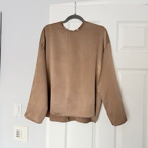 VINCE 100% Silk Tunic Top Women's Sz M Brown Long Sleeve Popover C-Neck Luxury